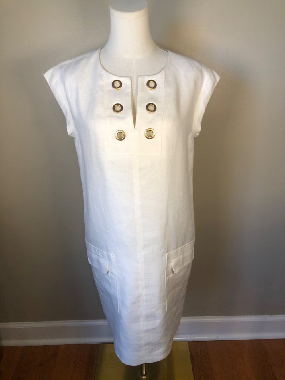 J Crew Linen Cap Sleeve White Shift Dress Nautical Resort Wear Luxury Size 4